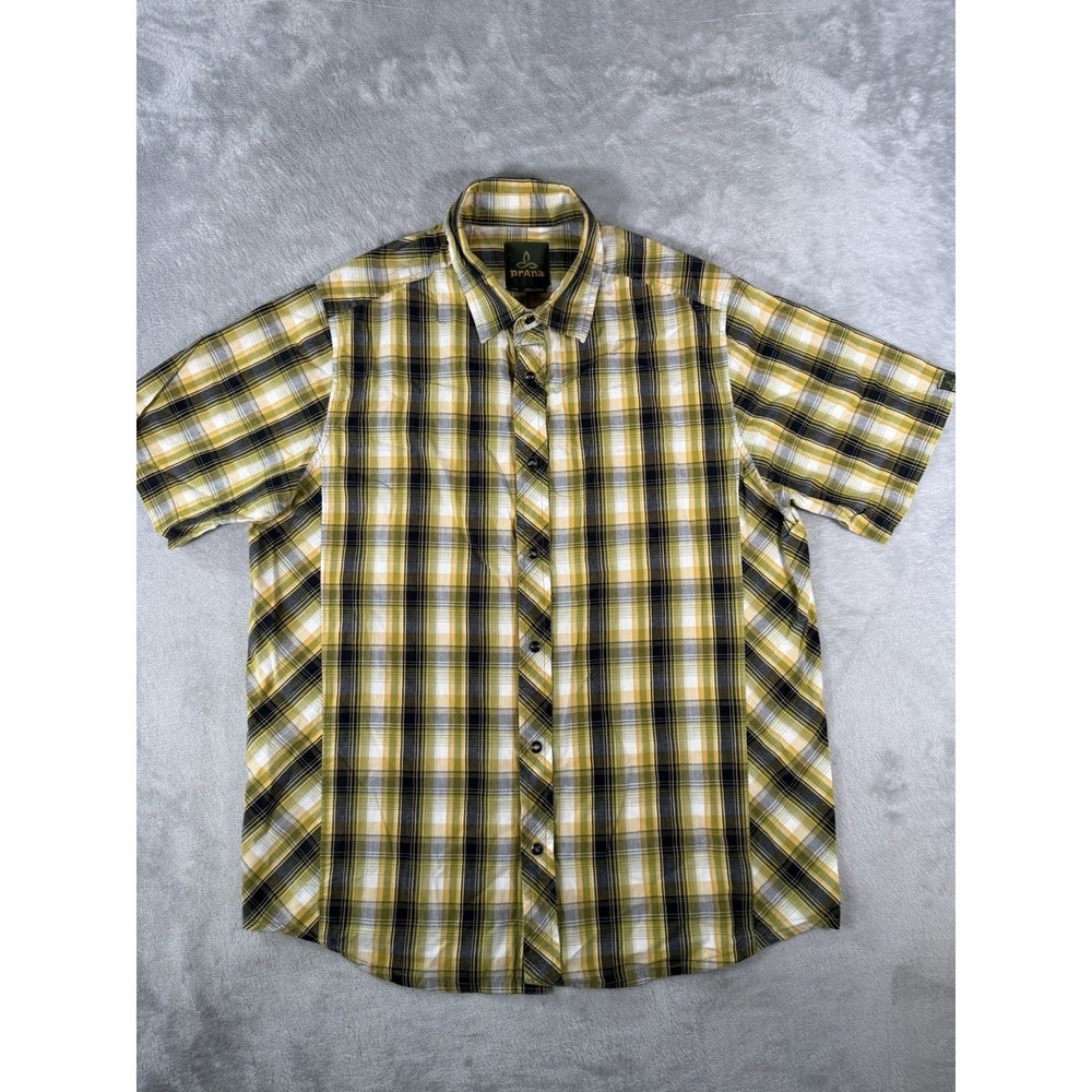 Prana Shirt Mens Small Yellow Plaid‎ Pearl Snap Short Sleeve Western